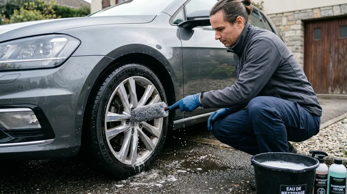 Personne nettoyant une jante avec une brosse microfibre à manche long