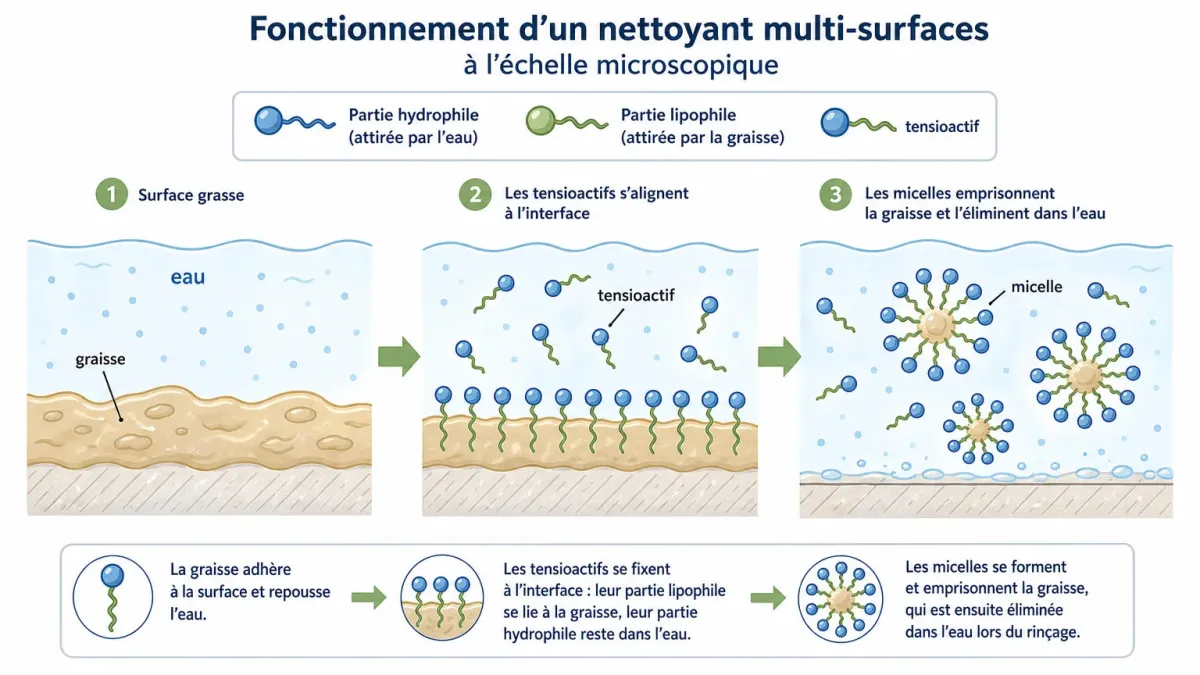 Schéma du rôle des tensioactifs dans un nettoyant multi-surfaces