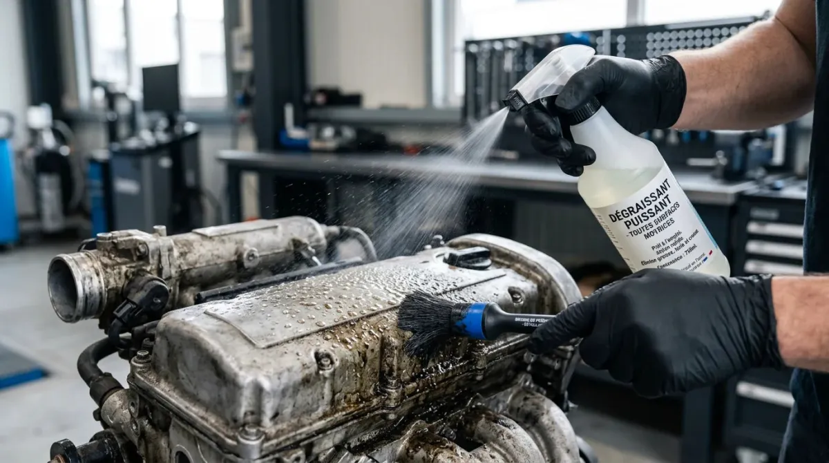 Application d'un produit dégraissant sur une pièce du moteur avec une brosse