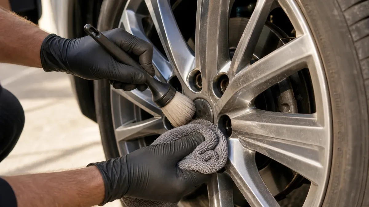 Nettoyage délicat d’une jante alu avec une brosse souple