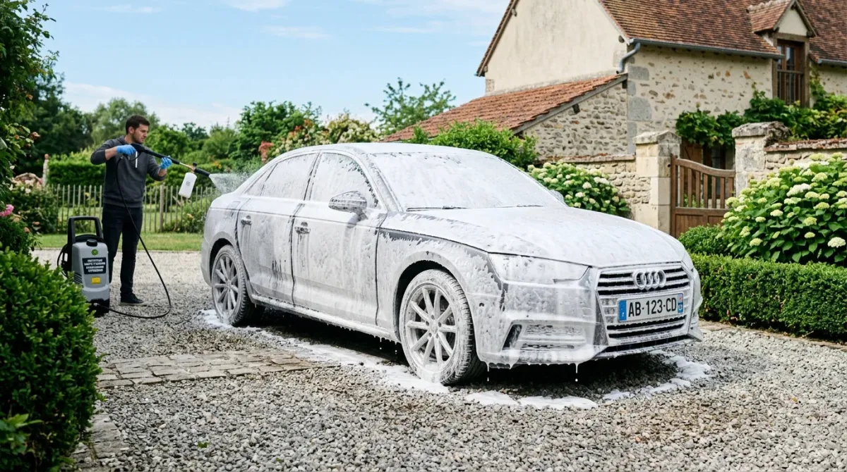 Voiture recouverte de mousse active blanche lors d'un prélavage extérieur