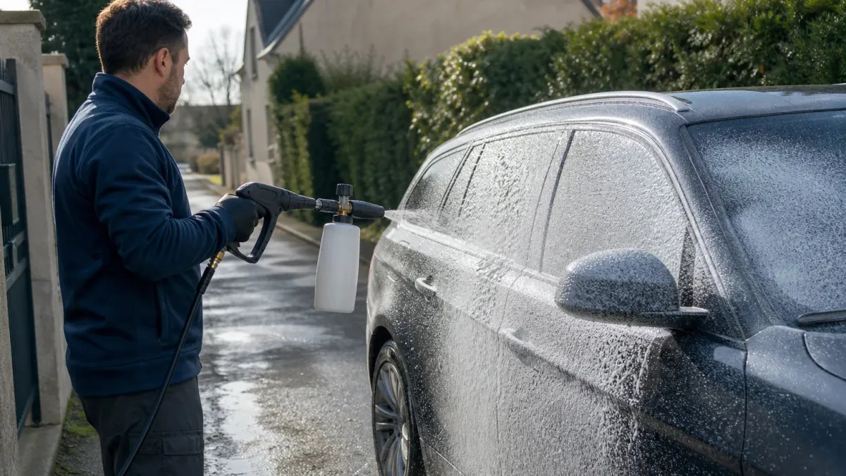 Application naturelle d’une mousse active sur une carrosserie avant lavage