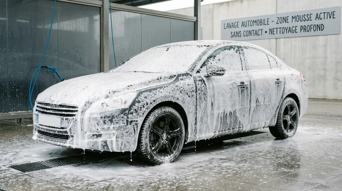 Voiture recouverte de mousse active dense lors du prélavage