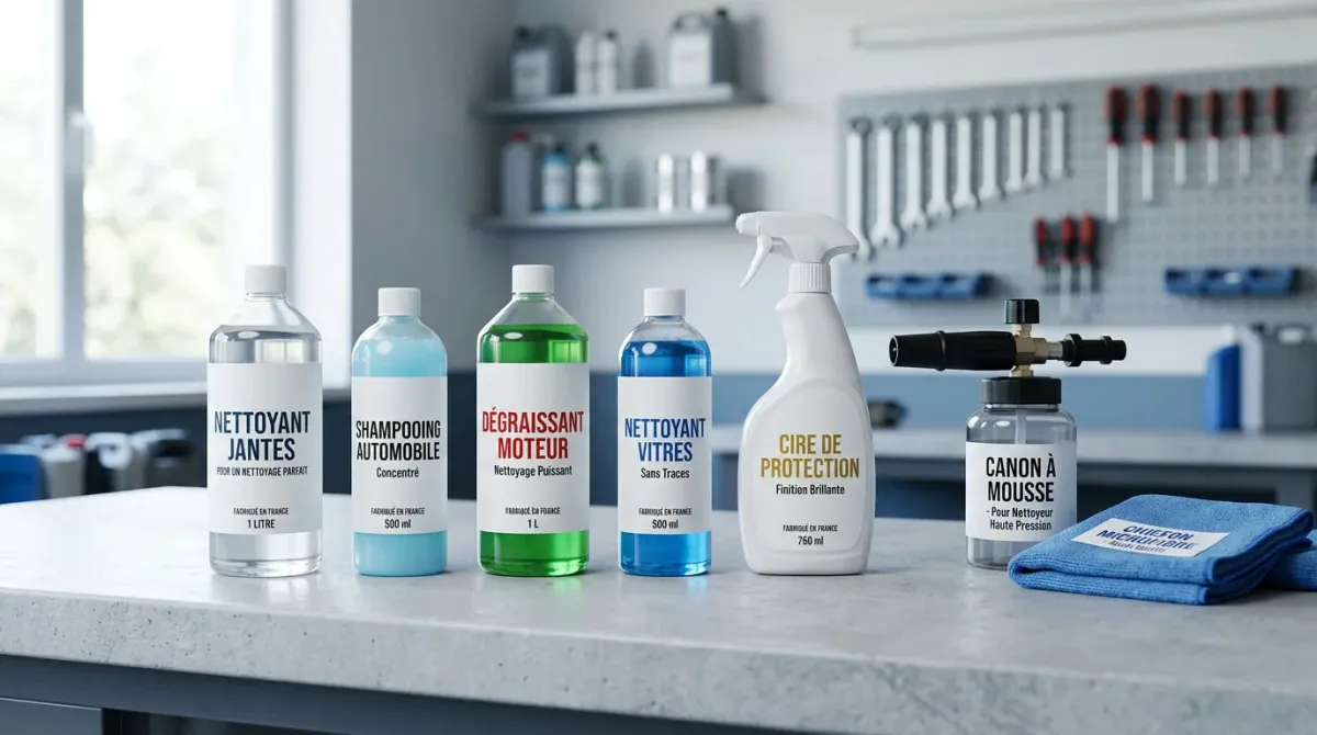 Produits de nettoyage automobile et canon à mousse sur un plan de travail