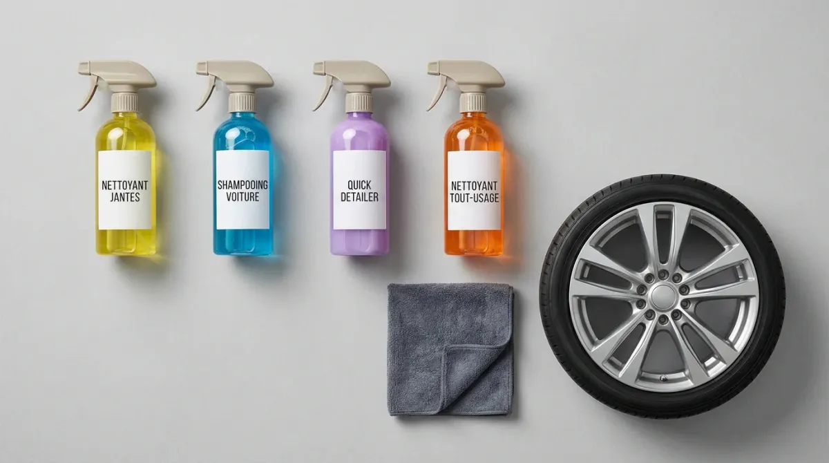 Différents produits de nettoyage automobile disposés sur un fond neutre