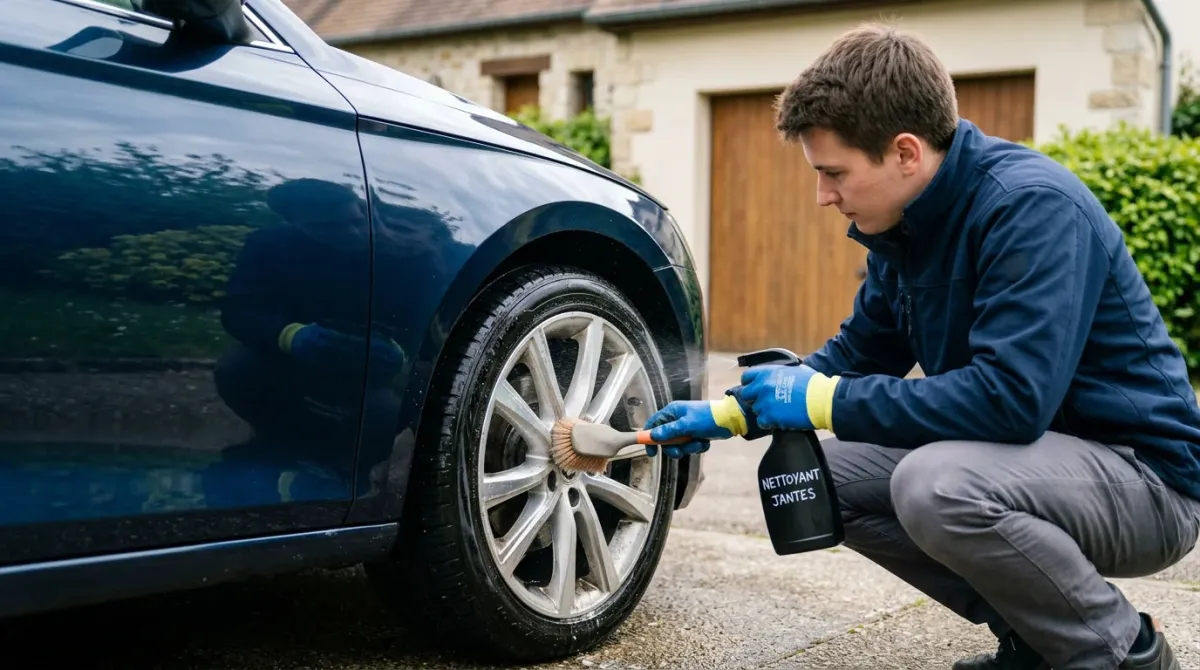 Personne nettoyant la jante d'une voiture avec un produit dédié