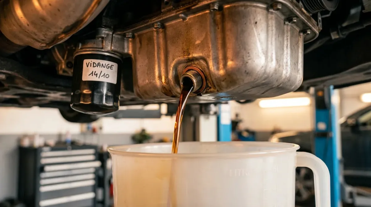 Vidange d'huile moteur usagée dans un garage professionnel