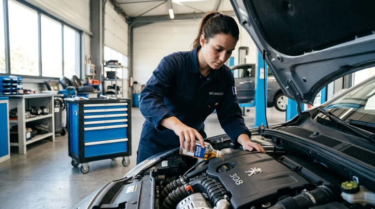 Mécanicien versant un additif dans le moteur avant vidange
