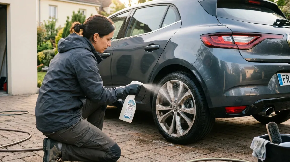 Application d'un nettoyant en spray sur une jante de voiture