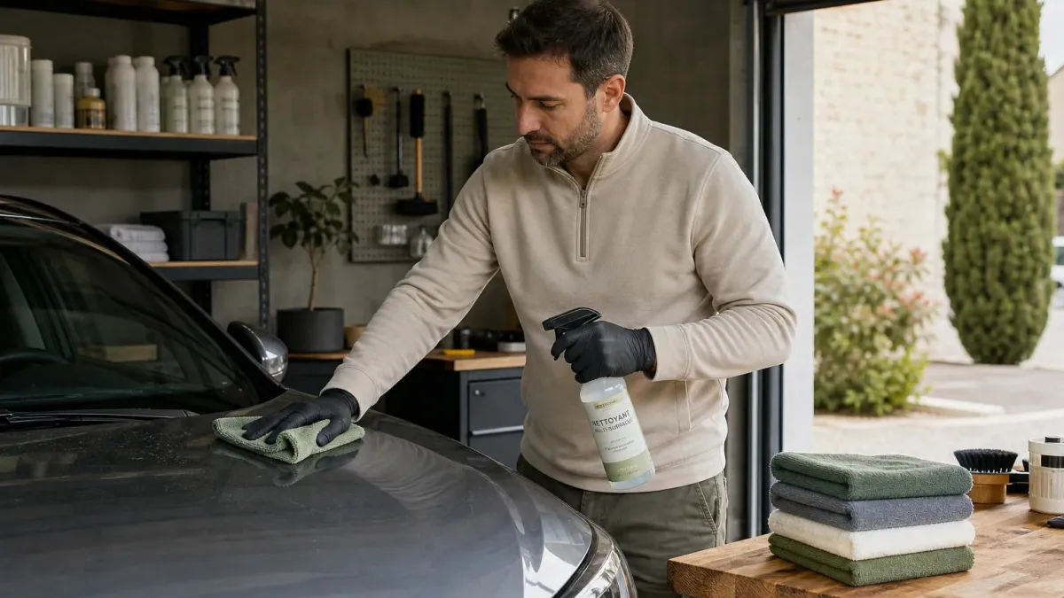 Nettoyage manuel d’une carrosserie légèrement poussiéreuse avec un produit sans eau