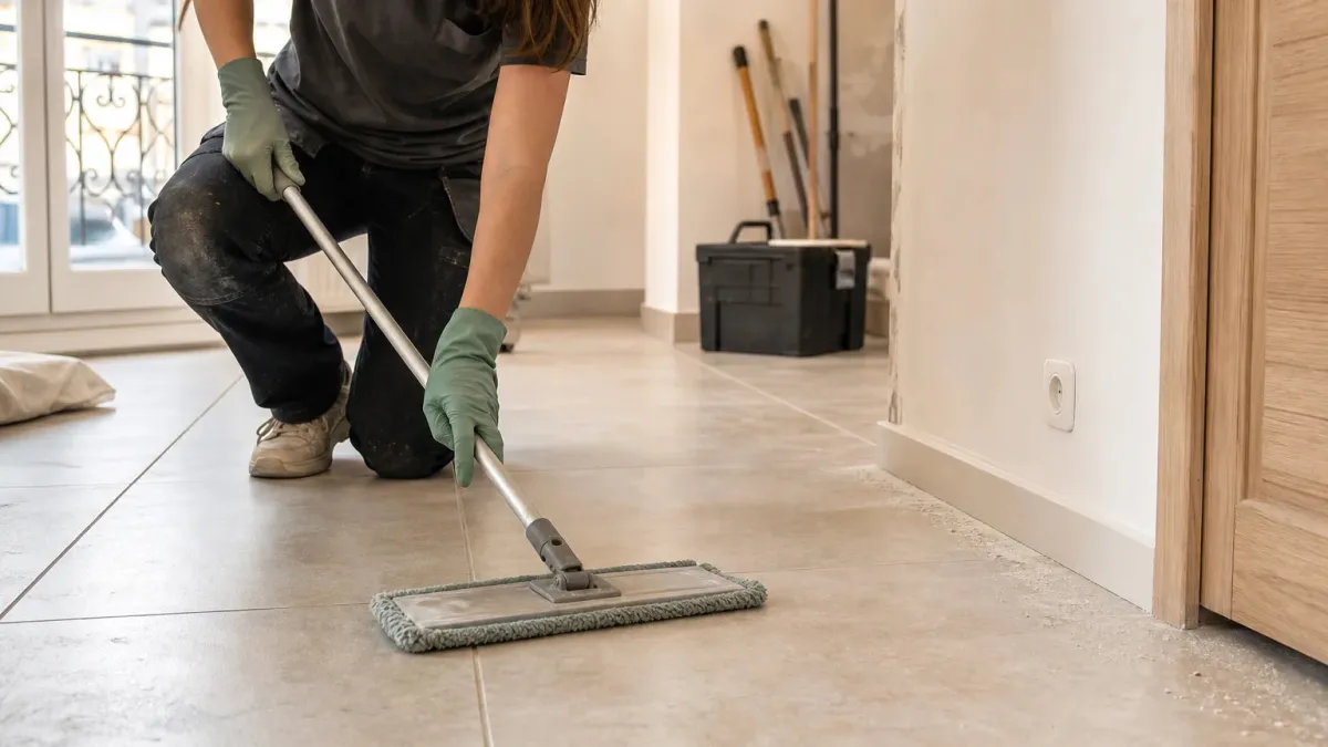 Nettoyage méthodique d’un sol carrelé après des travaux de rénovation