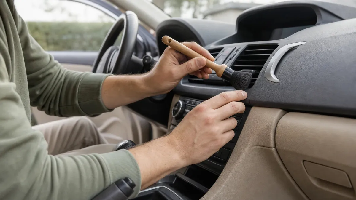 Nettoyage précis des aérateurs d’une voiture avec un pinceau de detailing