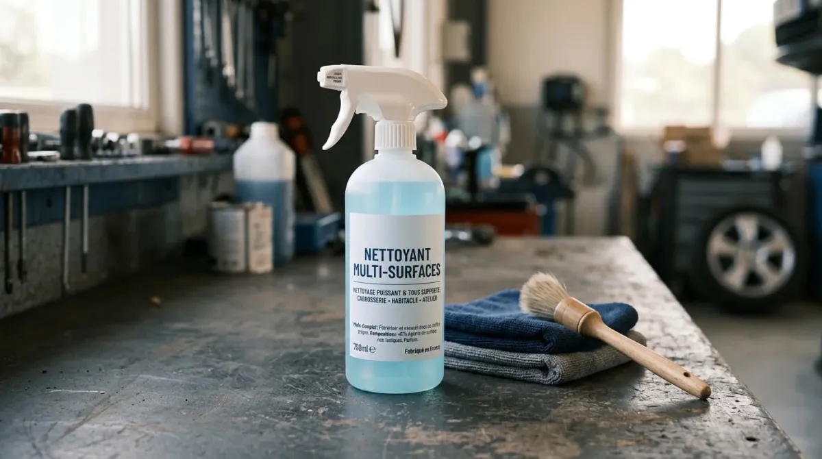 Flacon de nettoyant multi-surfaces avec chiffons microfibres dans un atelier