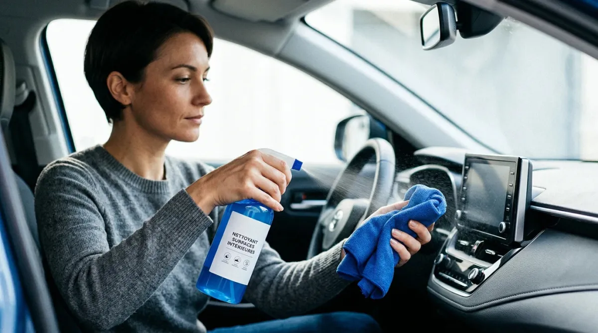 Personne nettoyant le tableau de bord d'une voiture avec une microfibre