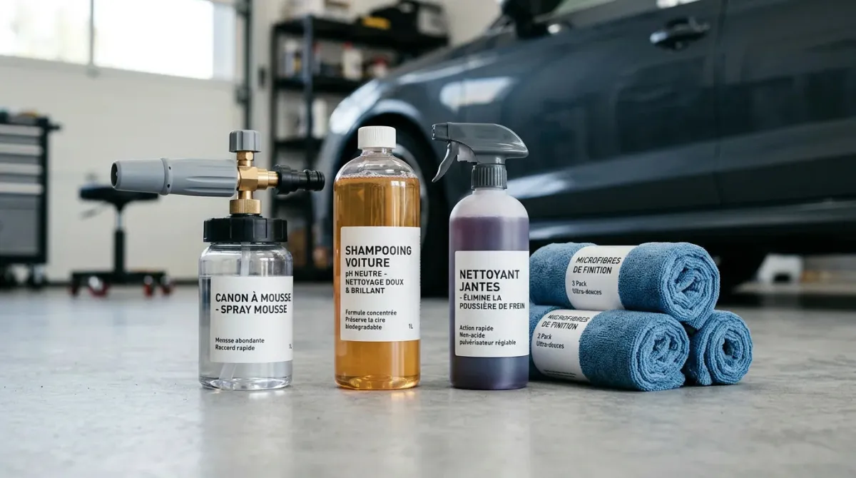 Gamme de produits de nettoyage extérieur pour voiture posés sur une surface grise
