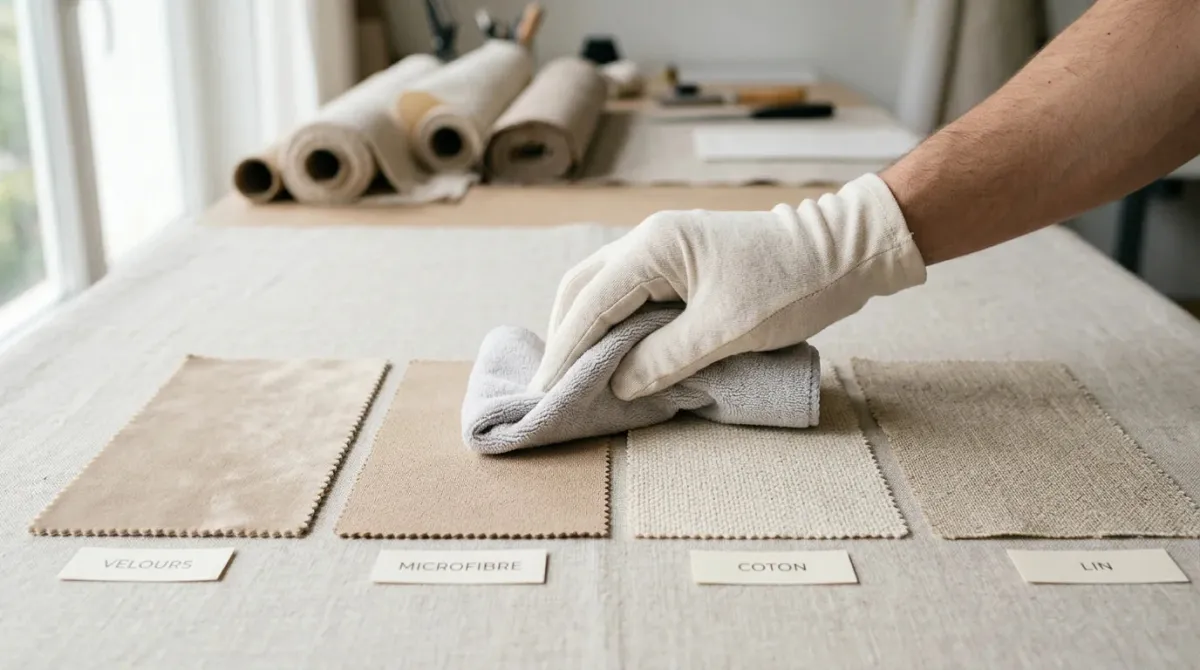 Comparaison de quatre tissus d'ameublement testés avec un chiffon microfibre