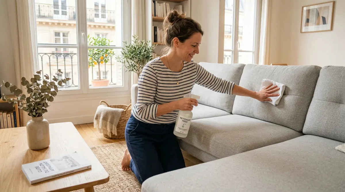 Personne nettoyant un canapé en tissu clair avec un chiffon microfibre
