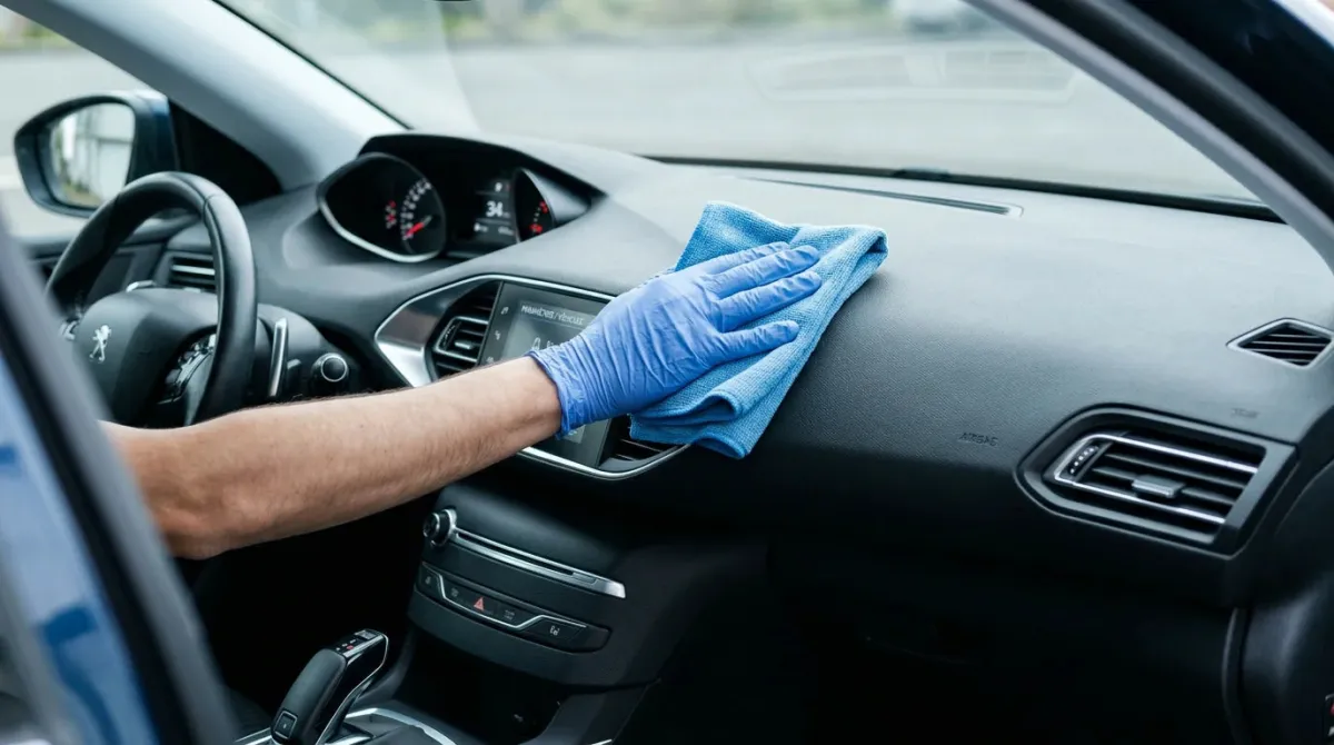 Nettoyage professionnel du tableau de bord intérieur d'une voiture avec une microfibre