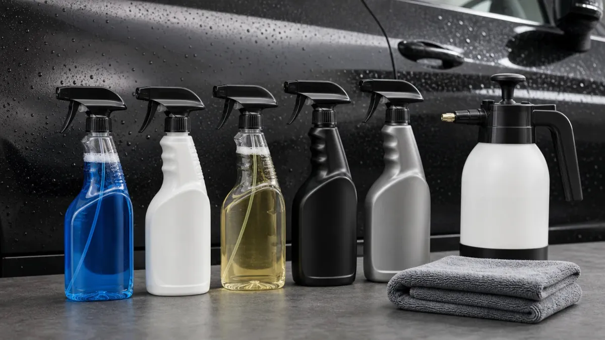 Gamme de produits professionnels d'entretien automobile posés sur une surface neutre