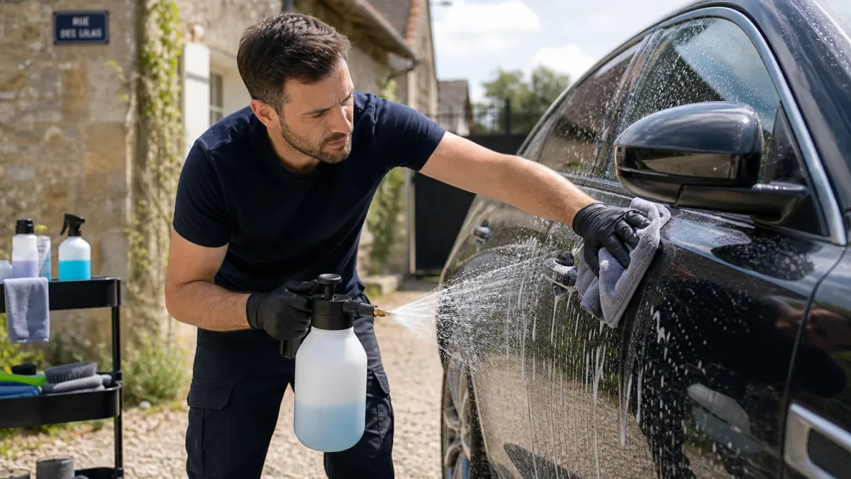 Personne nettoyant l'extérieur d'une voiture avec un pulvérisateur à mousse