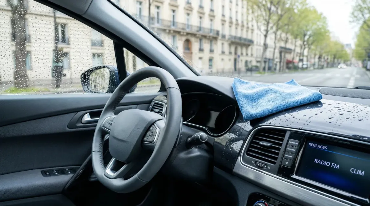 Intérieur de voiture nettoyé avec une lingette et une vitre sans traces