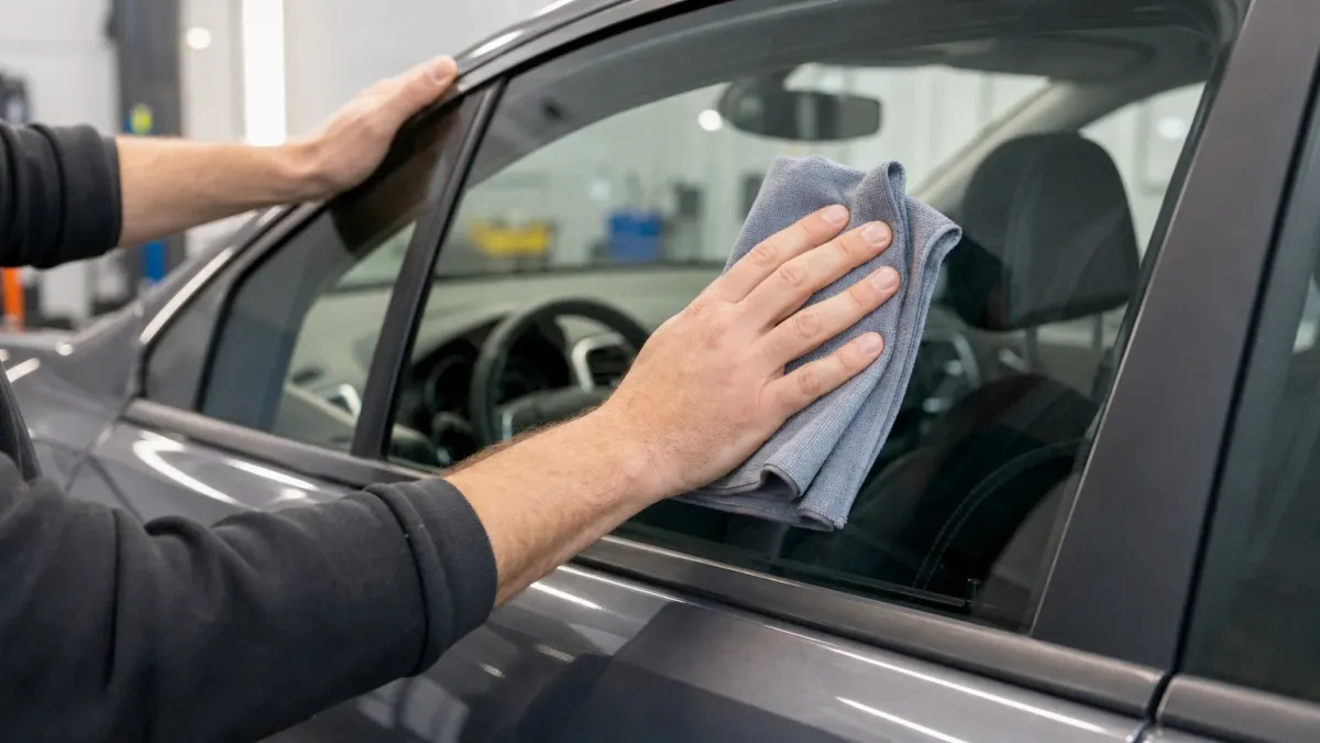 Geste de nettoyage d’une vitre automobile avec une lavette microfibre