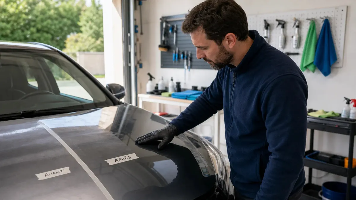 Inspection d’une carrosserie ternie avant l’application d’un rénovateur de peinture