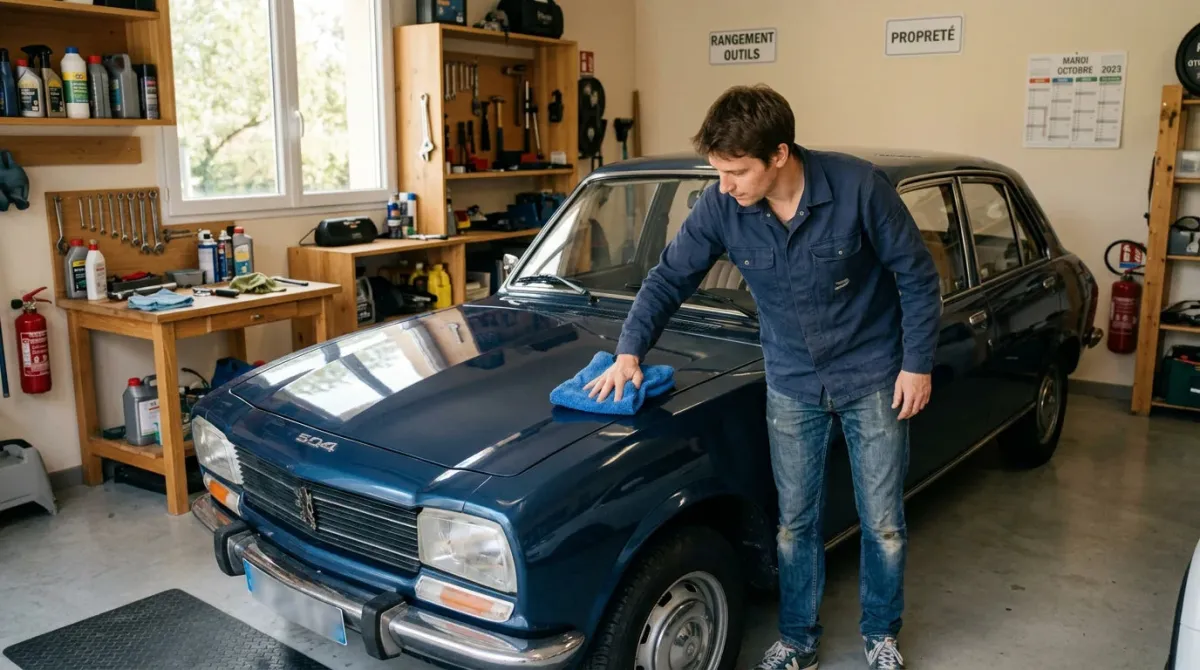 Personne lustrant la carrosserie brillante d'une voiture dans un garage