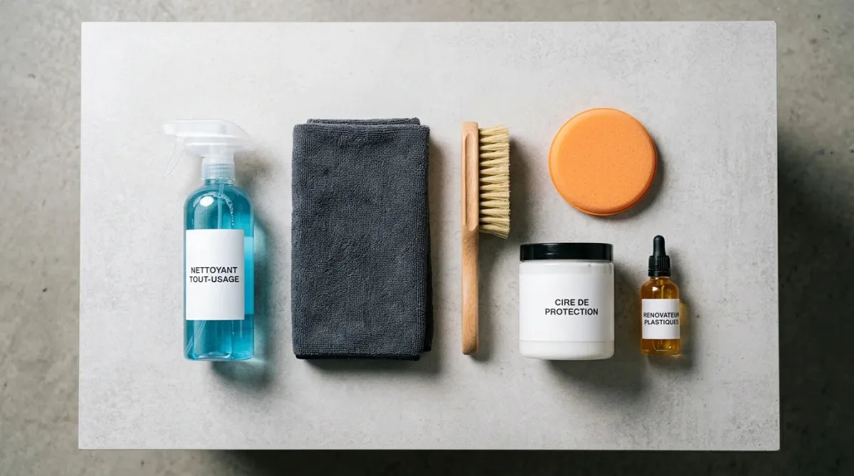 Produits et accessoires d'entretien automobile disposés sur une surface neutre