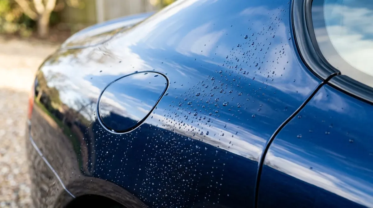 Carrosserie bleue brillante avec gouttes d'eau perlées après polissage