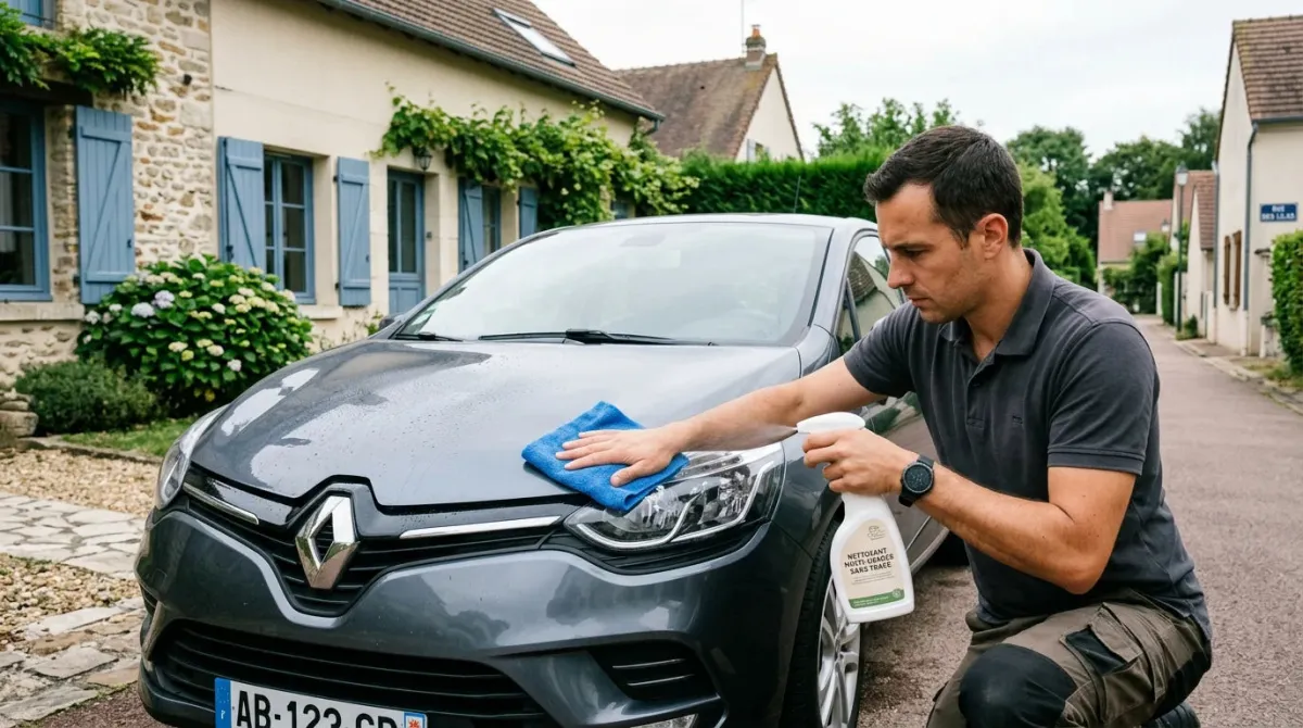 Application d'un spray nettoyant sur un capot avec chiffon microfibre