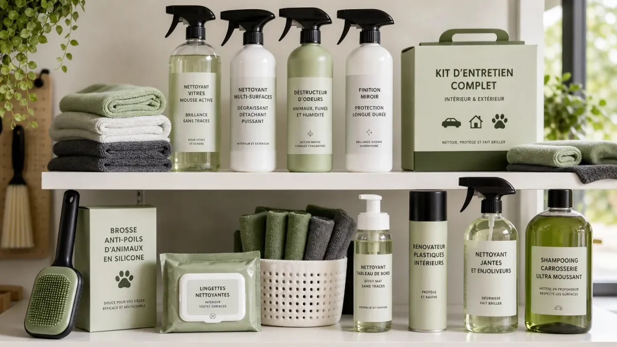 Étagère organisée de produits de nettoyage aux tons verts et blancs
