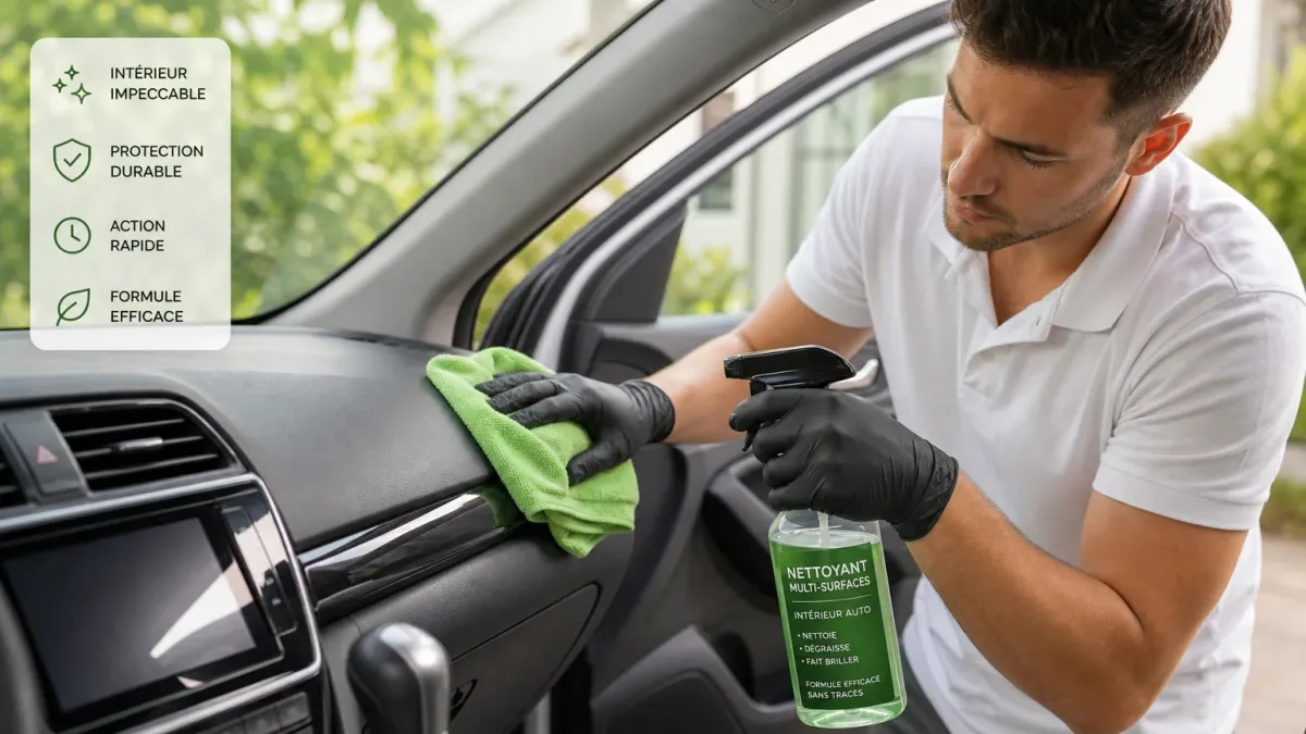 Personne nettoyant l'intérieur d'une voiture avec un spray et un chiffon